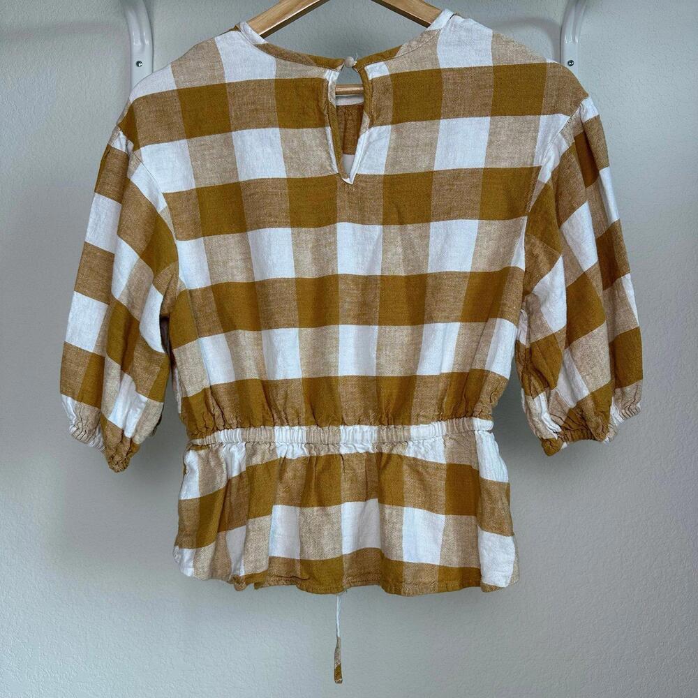 S Womens Who What Wear Blouse Gingham Honey Mustard Puffed Sleeve Orange White - Picture 2 of 5
